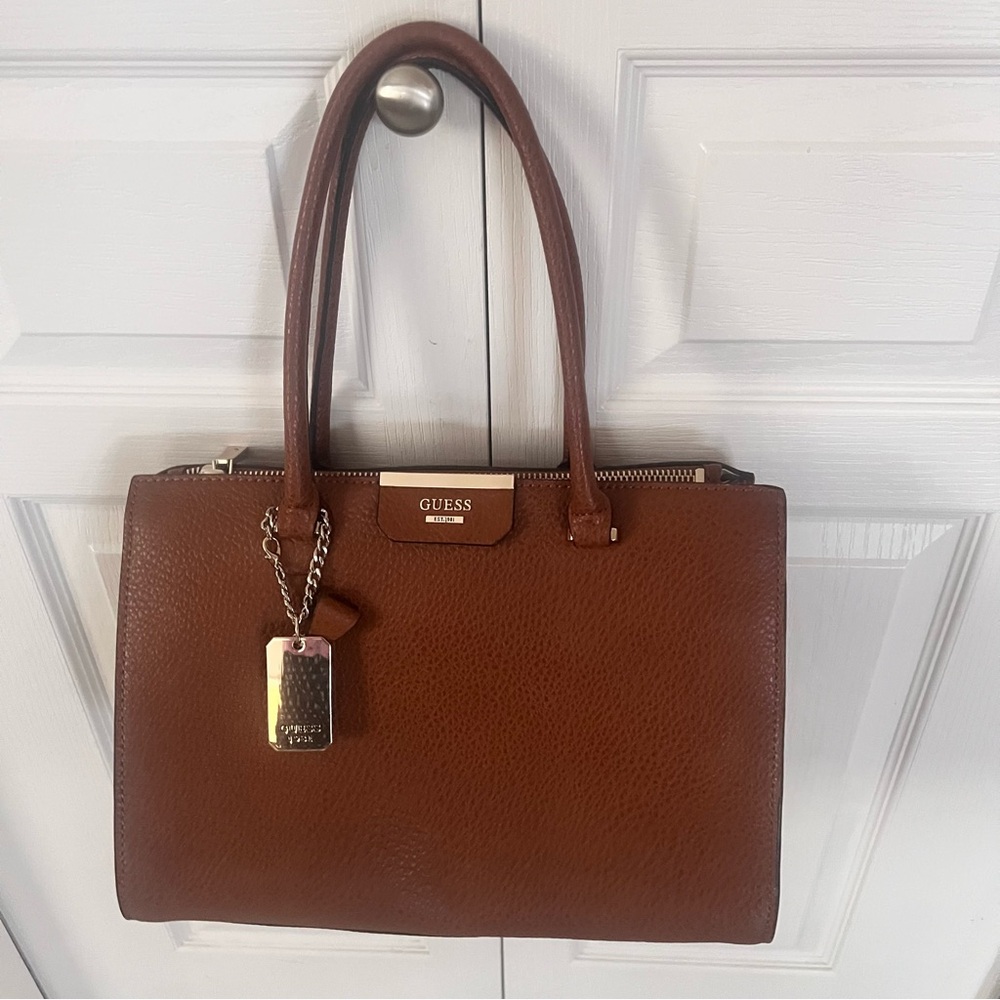 Guess Faux Leather Tan Rich Cognac Brown Structured Satchel Tote Bag - Picture 2 of 16